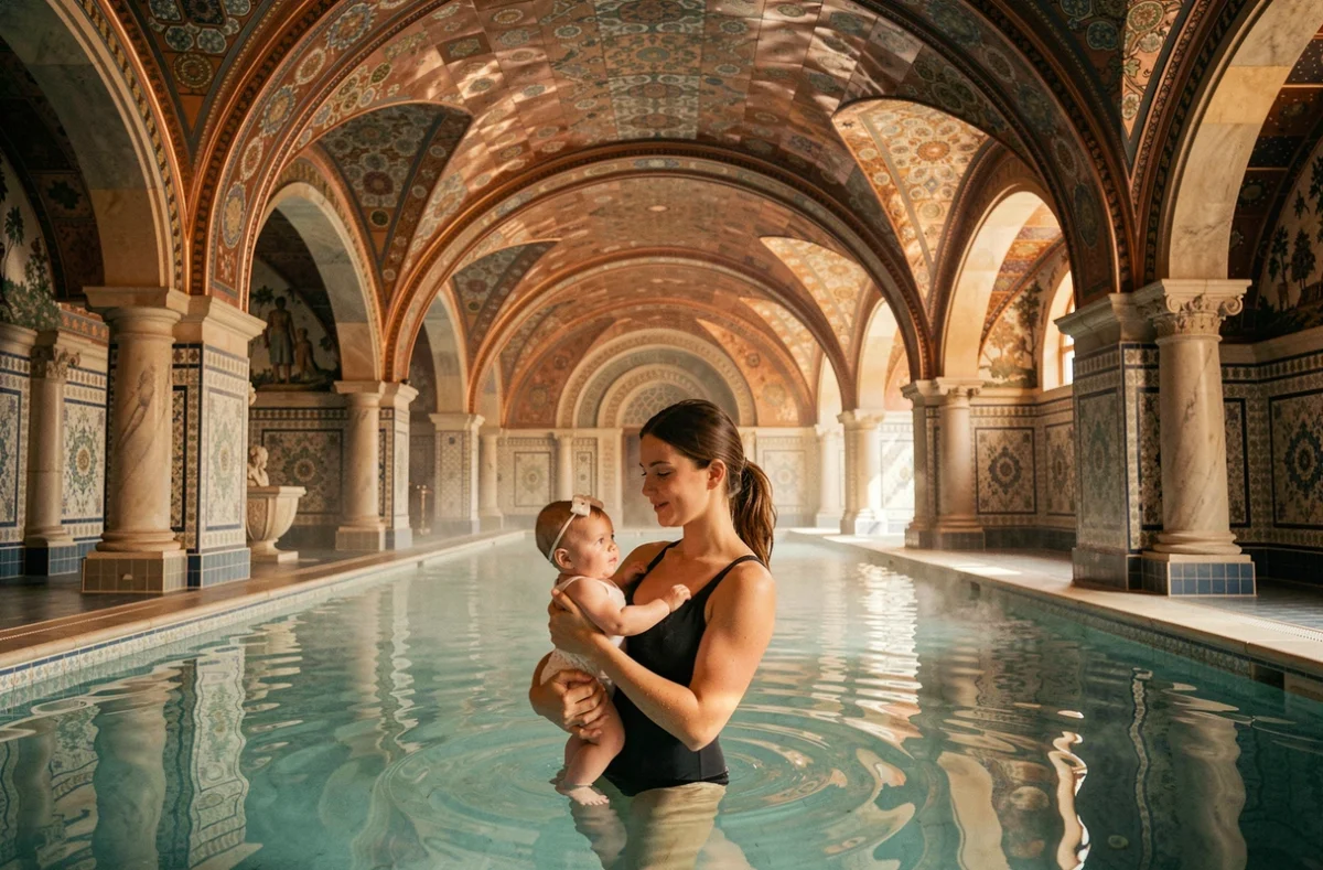Mère et bébé dans le bassin de Nancy Thermal lors d'une séance de bébé nageur dans un cadre thermal historique