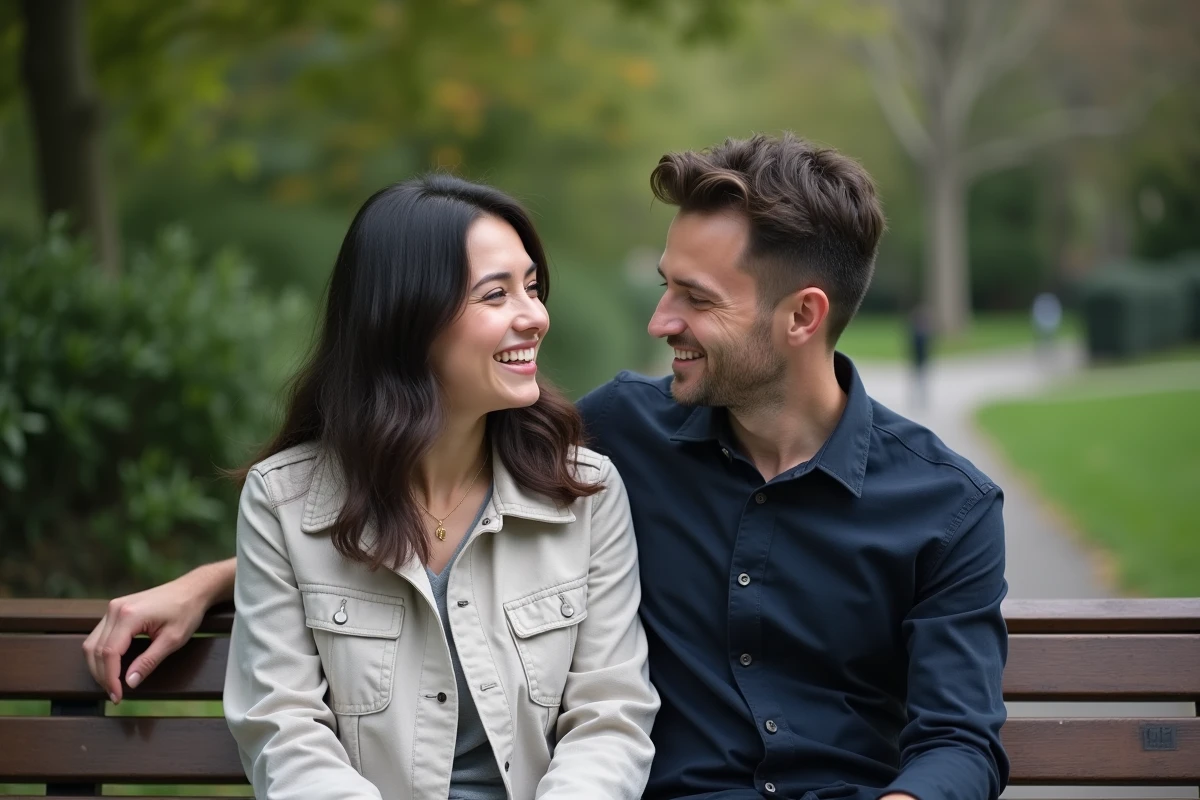 Couple élégant en conversation dans un parc urbain, ambiance authentique et naturelle, style éditorial