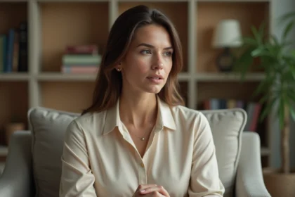 Femme élégante en interview dans un salon chaleureux, expression sincère et posée, ambiance éditoriale naturelle