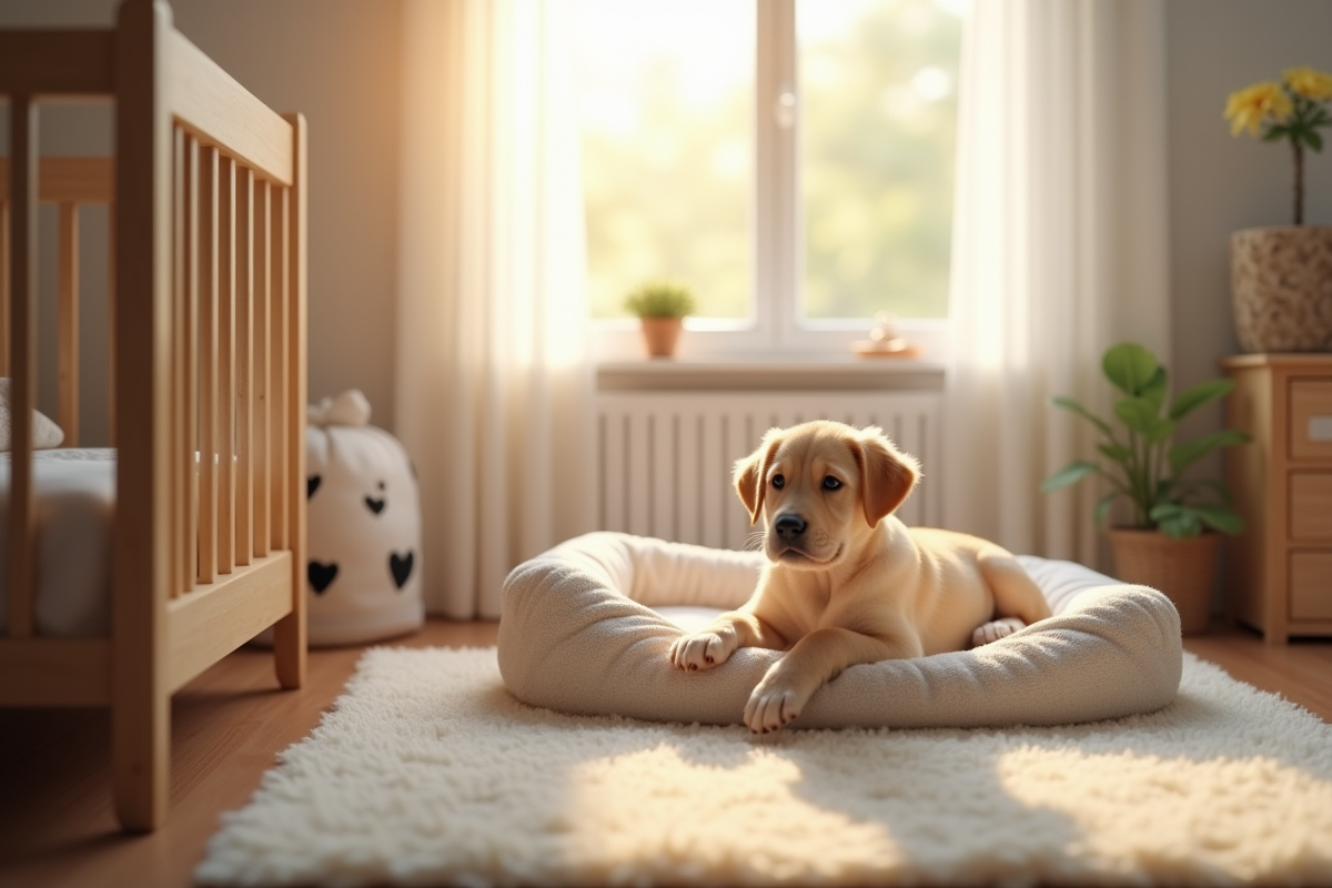 Chambre bébé chaleureuse prête pour un chiot labrador