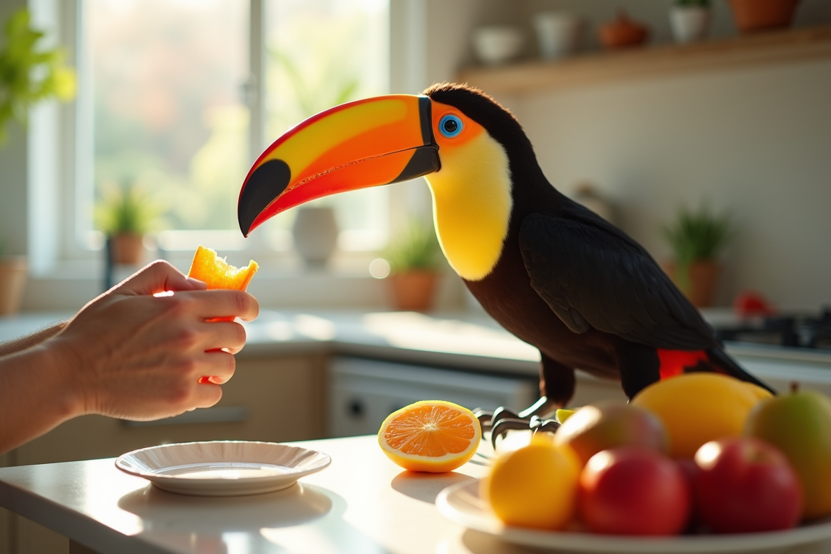 Personne donnant un fruit à un toucan dans la cuisine