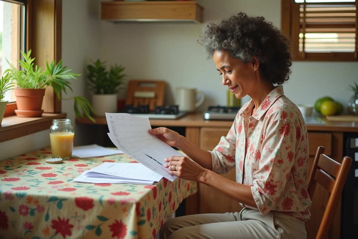 Mère réunionnaise consultant un calendrier de vacances scolaires à la maison pour organiser la garde de ses enfants