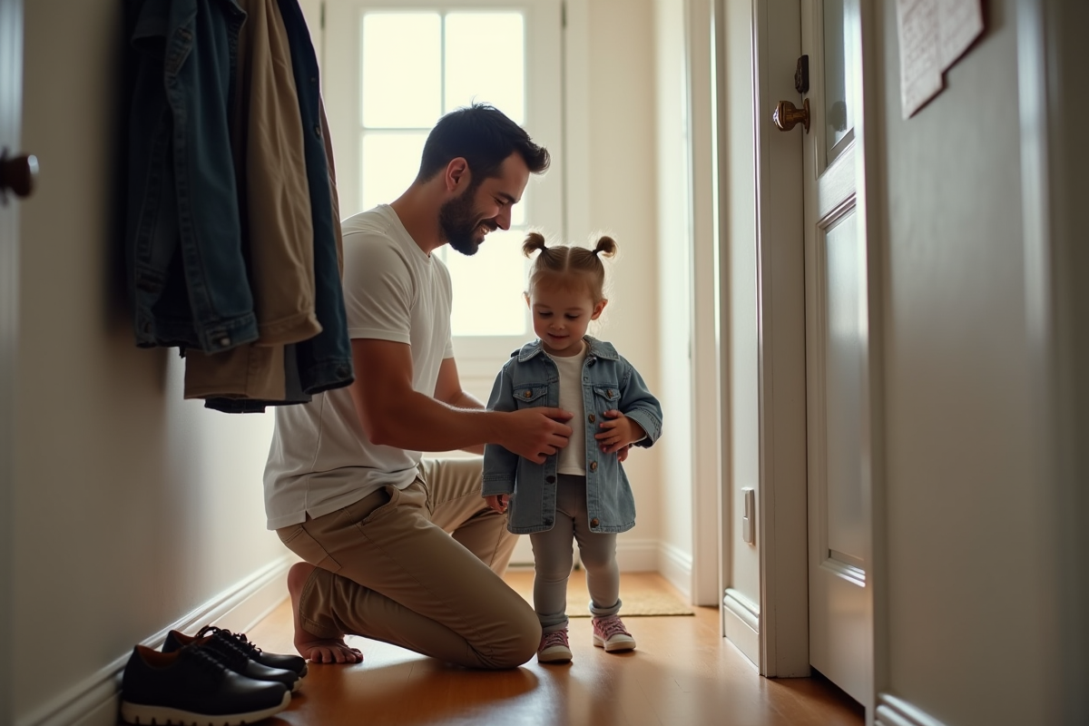 Pere aidant sa fille à mettre son manteau dans l