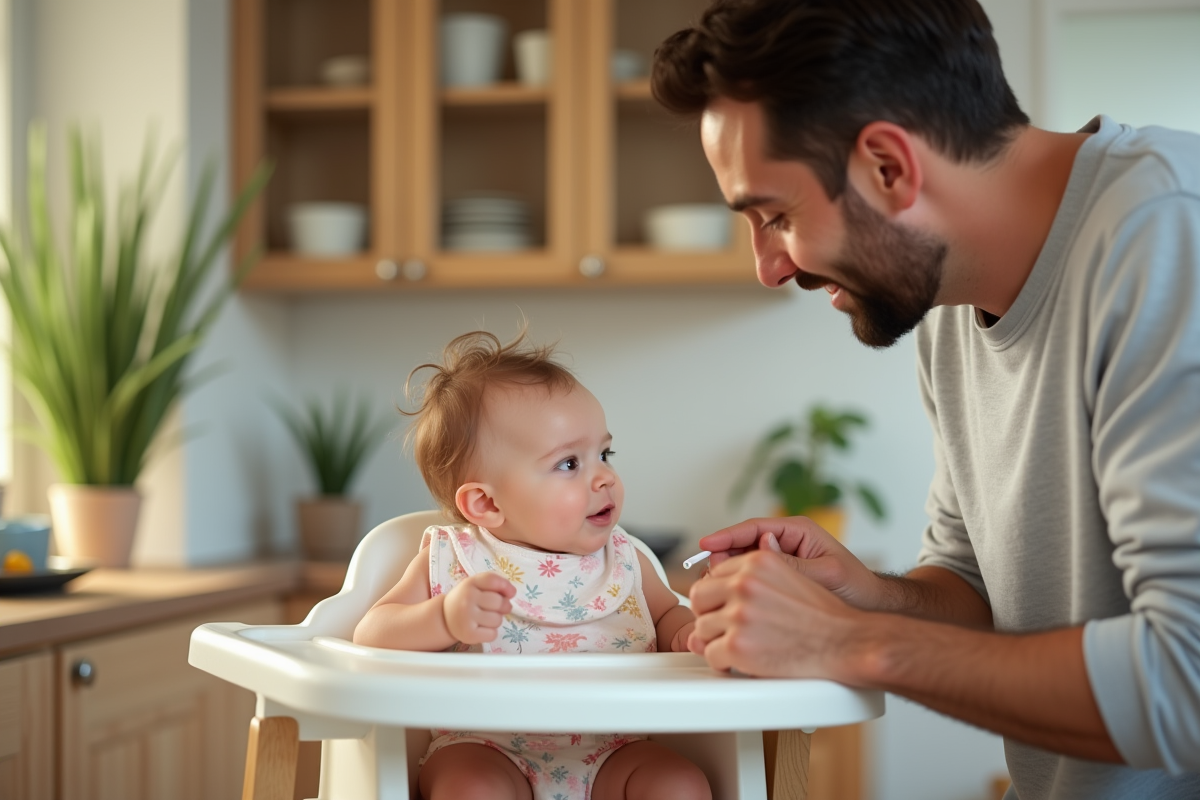 Papa donnant de la céréale à sa fille en chaise haute