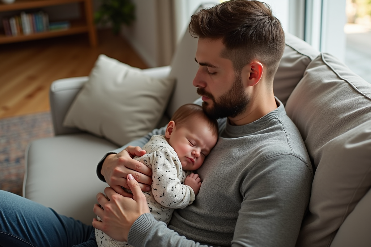 Pere tenant sa fille endormie sur un sofa lumineux
