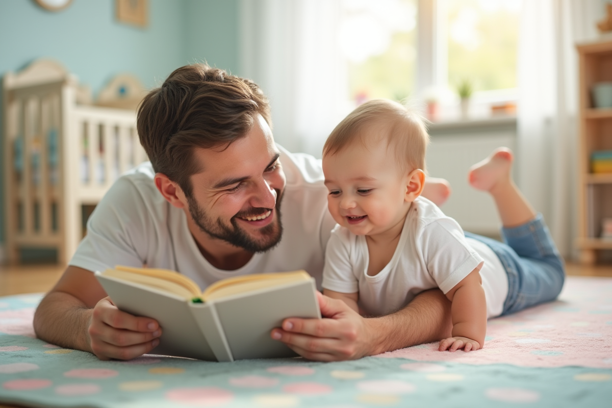 Pere et bebe lisant une histoire sur un tapis pastel