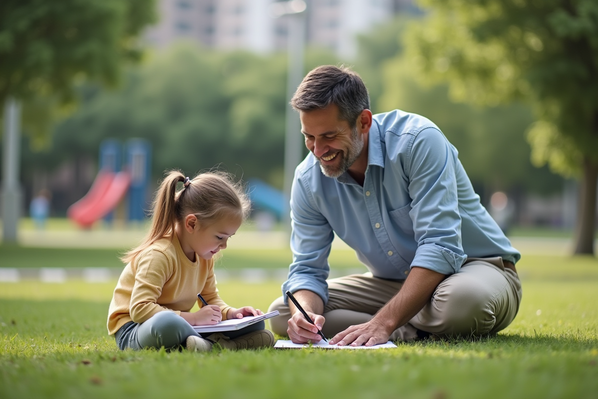 Père et fille discutant dans un parc urbain