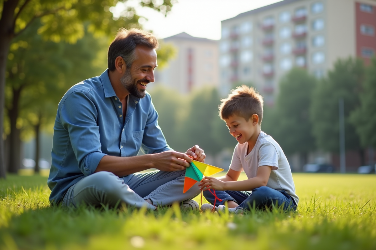 Pere et fils riant avec cerf-volant dans un parc