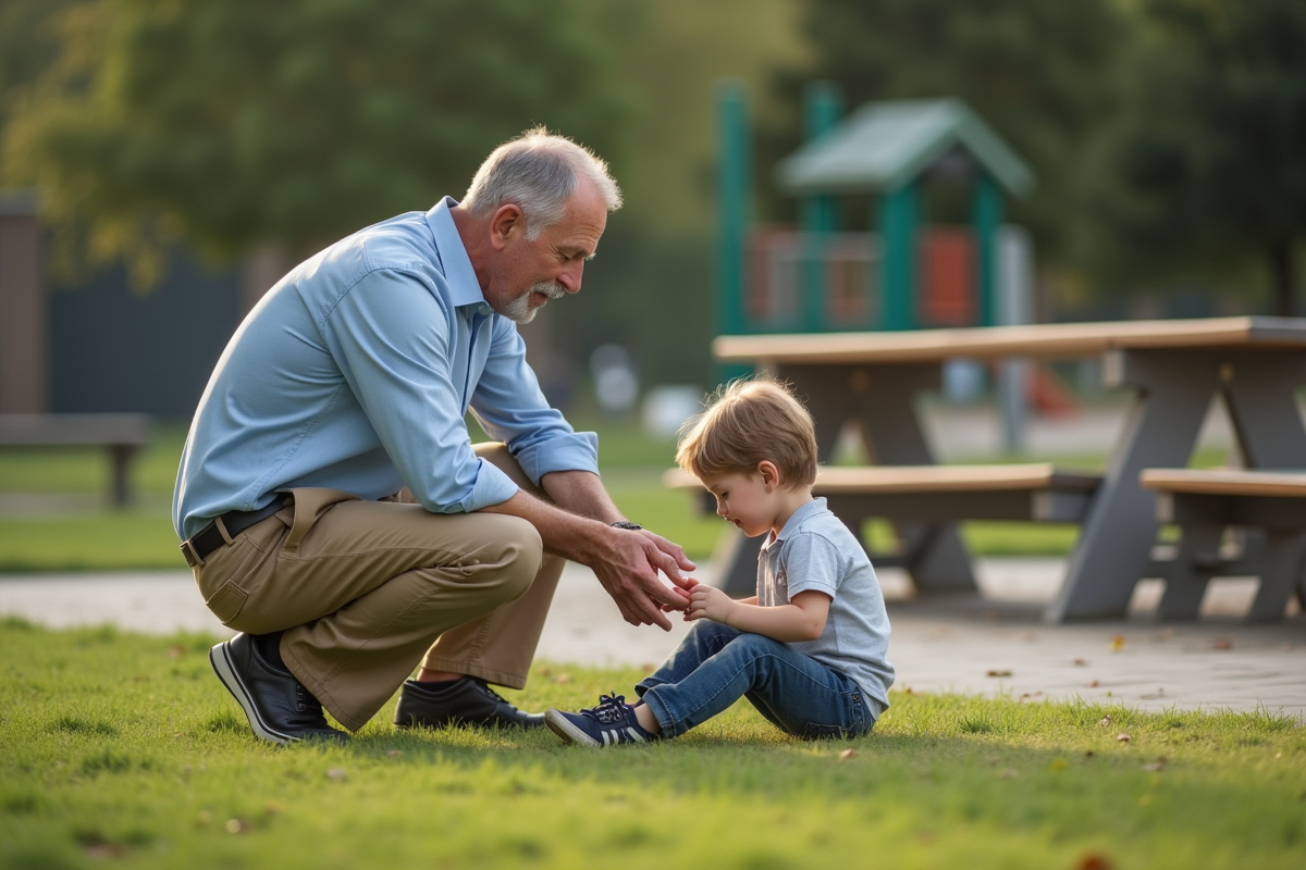 Père aidant son fils à lacer ses chaussures dans un parc
