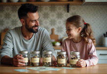 Enseigner la valeur de l’argent aux enfants : conseils pratiques pour les parents Père et fille trient des pièces dans des bocaux à la maison