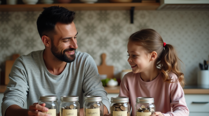Père et fille trient des pièces dans des bocaux à la maison