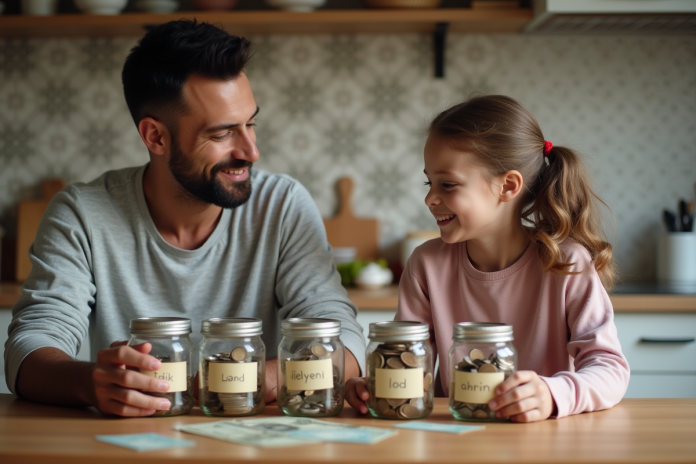 Père et fille trient des pièces dans des bocaux à la maison