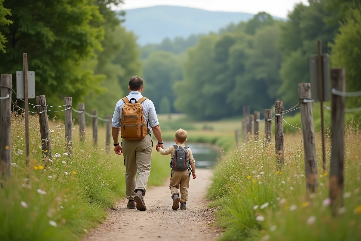 Père et fils marchant dans un parc nature verdoyant