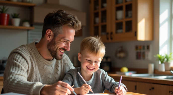 Père et fils souriants travaillant ensemble à une table de cuisine