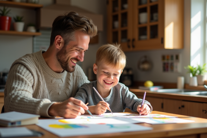 Père et fils souriants travaillant ensemble à une table de cuisine