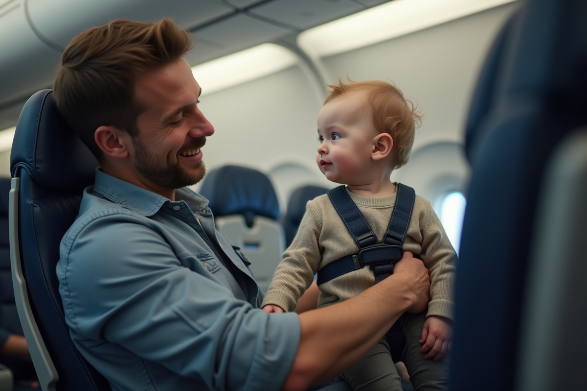 Pere attachant harnais a son bebe dans l avion