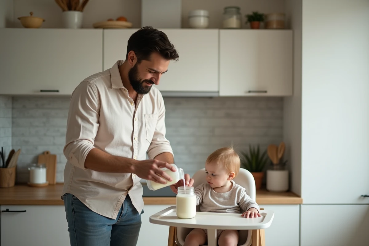 Pere préparant un biberon dans une cuisine moderne