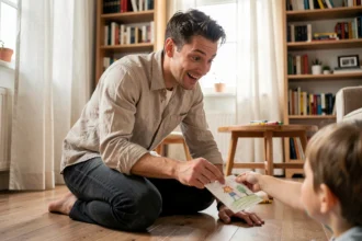 Papa souriant qui reçoit un dessin de son enfant pour la fête des pères, ambiance chaleureuse en intérieur