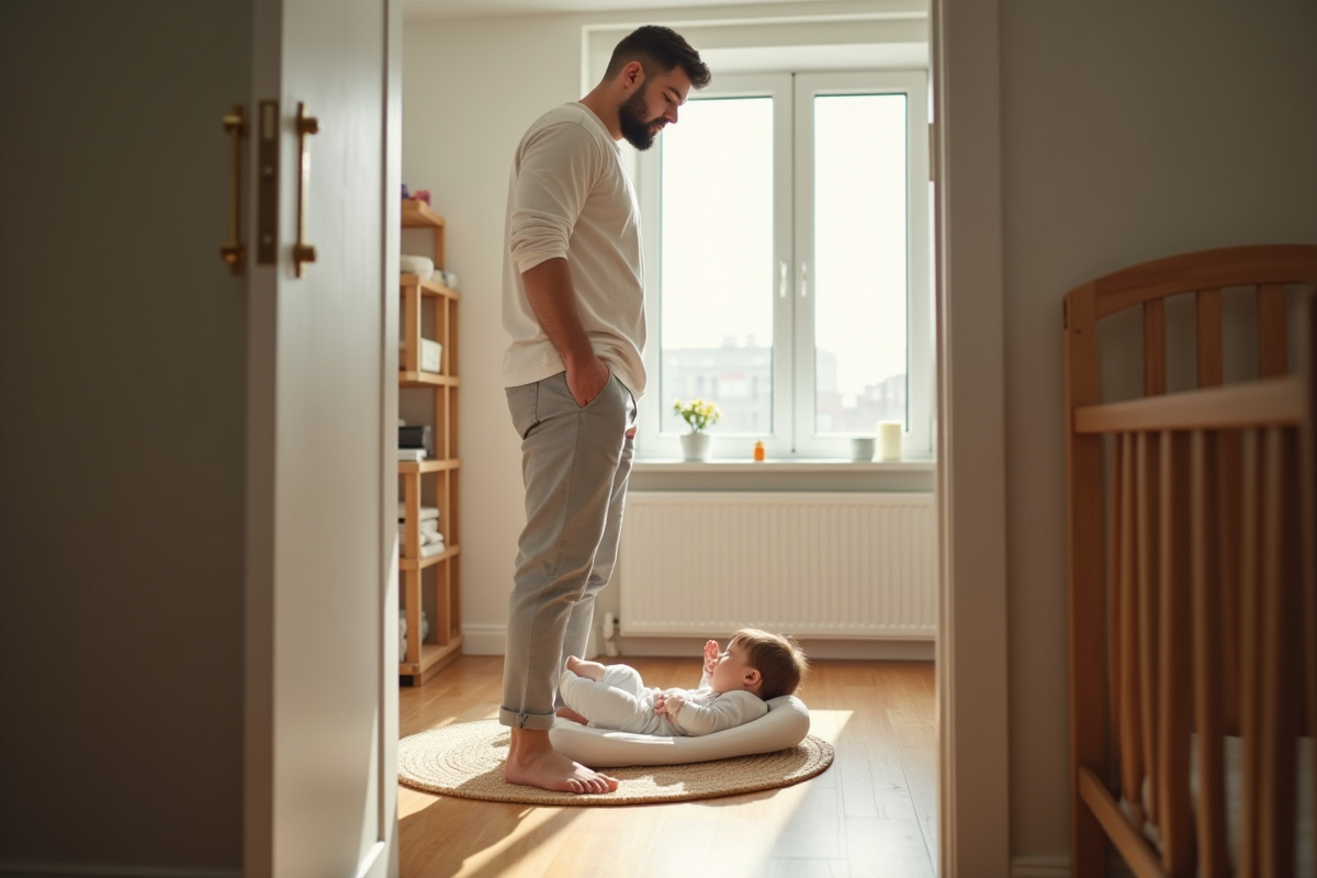 Père regardant son bébé de huit mois dans un parc intérieur