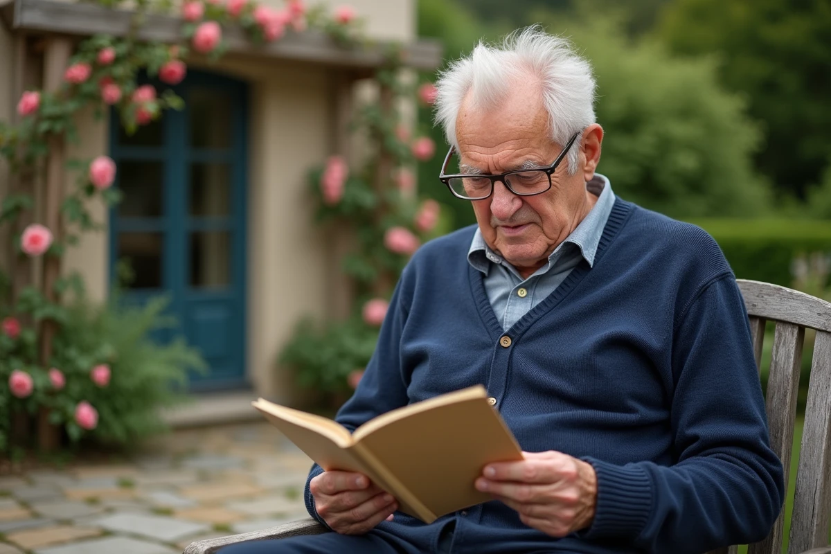 Papy lisant une carte affectueuse dans le jardin lors de la fête des grands-pères 2026