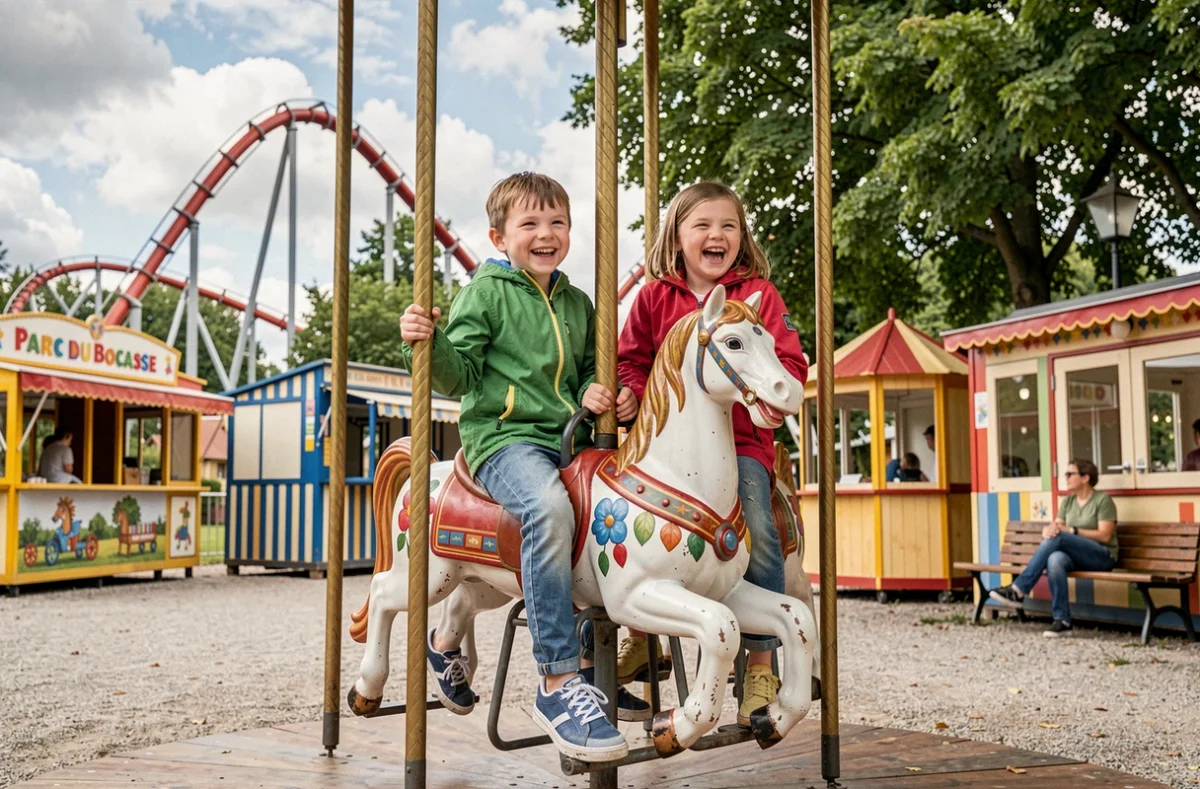 Deux enfants souriants sur un carrousel du Parc du Bocasse, parc d'attractions familial près de Rouen