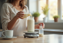 Parent mesurant du lait dans une cuisine moderne avec une balance