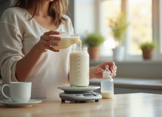 Parent mesurant du lait dans une cuisine moderne avec une balance