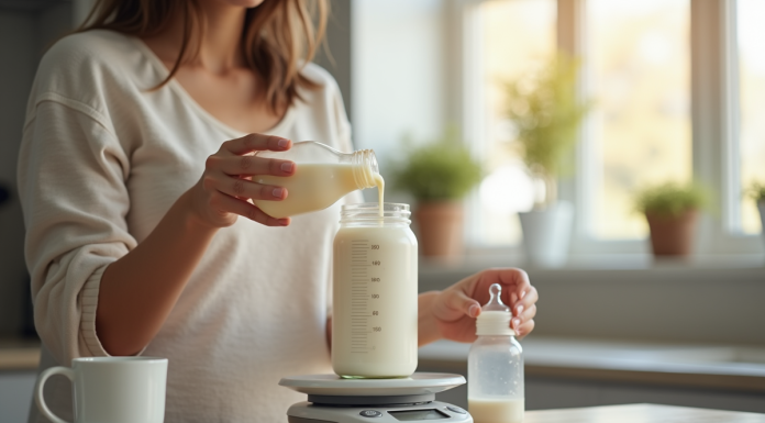 Parent mesurant du lait dans une cuisine moderne avec une balance