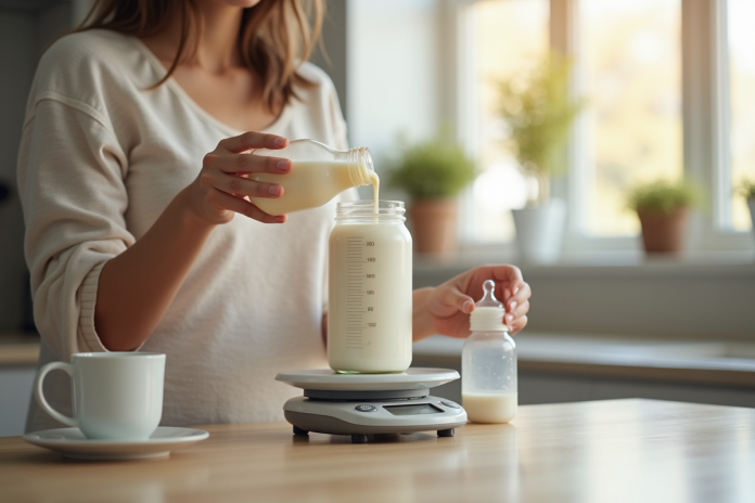 parent-cuisine-mesure-biberon Parent mesurant du lait dans une cuisine moderne avec une balance