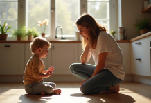 Parent calme parlant à un enfant contrarié dans la cuisine