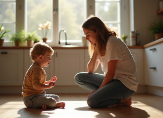Parent calme parlant à un enfant contrarié dans la cuisine