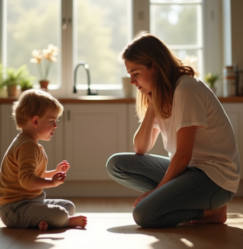 Parent calme parlant à un enfant contrarié dans la cuisine