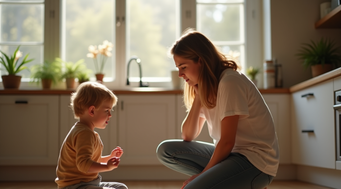 Parent calme parlant à un enfant contrarié dans la cuisine
