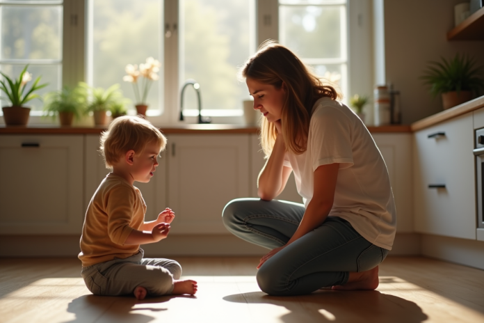 Parent calme parlant à un enfant contrarié dans la cuisine