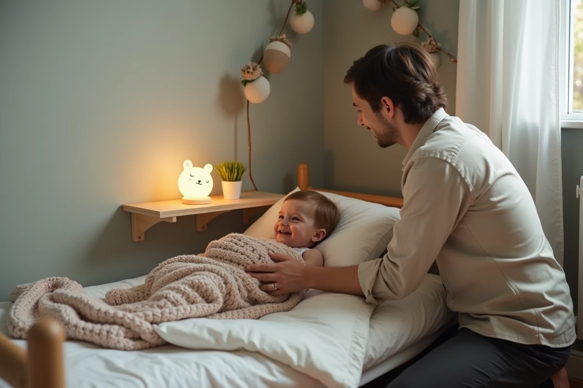 Parent installant une veilleuse personnalisable animale sur une étagère dans une chambre de bébé au style scandinave