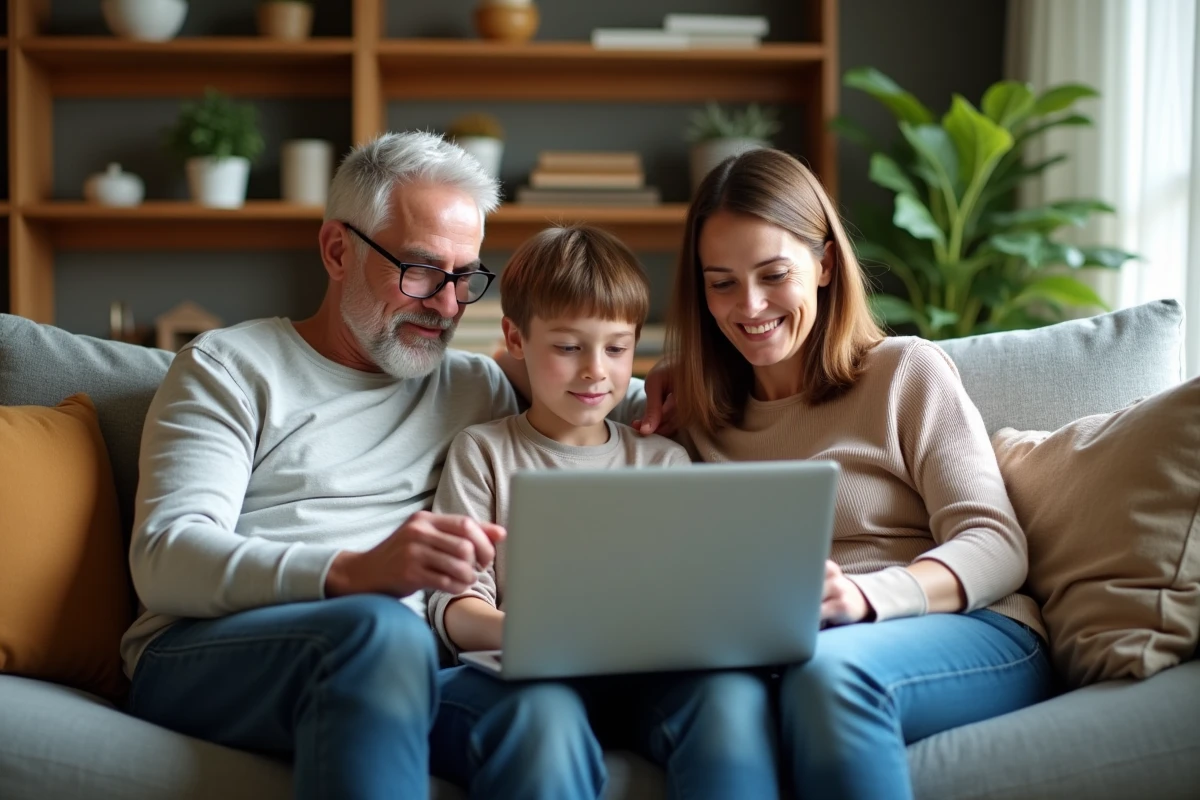 Parents et adolescent discutant ensemble devant un ordinateur portable des enjeux de confidentialité sur les réseaux sociaux