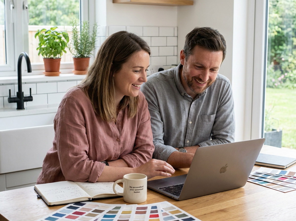 Couple de parents collaborant sur un ordinateur pour créer un cadeau personnalisé dans une cuisine moderne
