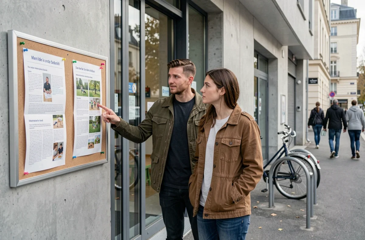 Couple de parents devant l'entrée d'une crèche municipale consultant le panneau d'affichage