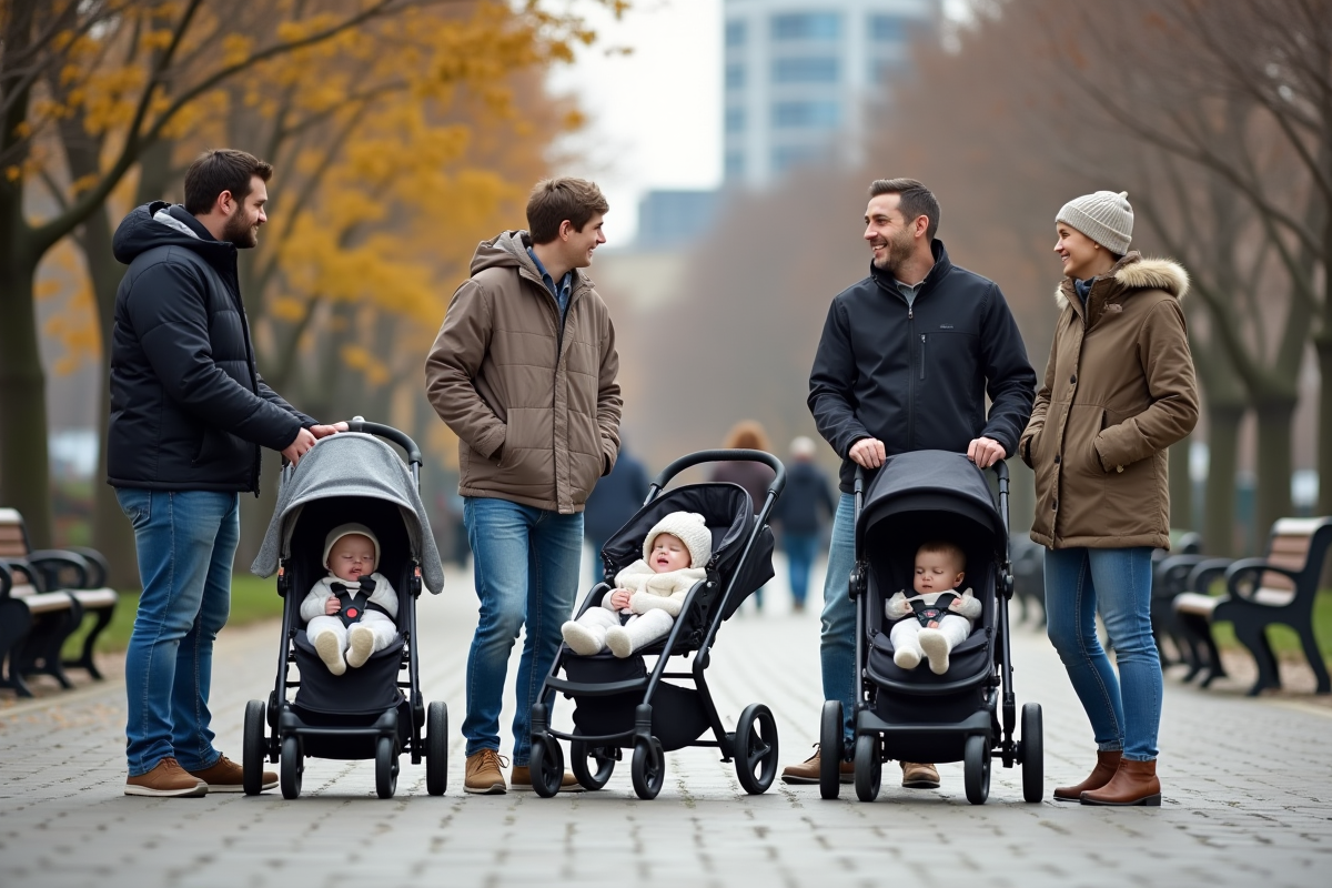 Groupe de parents divers avec poussettes dans parc urbain
