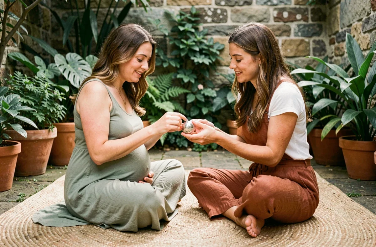 Deux femmes dont une enceinte examinant ensemble un bola de grossesse dans un jardin extérieur, illustrant le partage interculturel autour du bijou de maternité