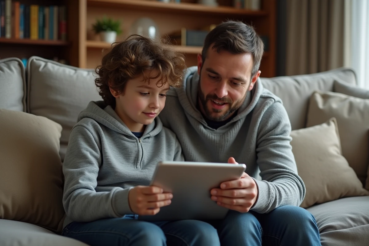 Père expliquant un outil de contrôle parental à son adolescent sur une tablette dans le salon familial