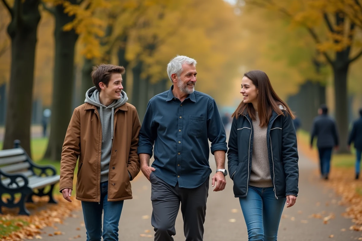 Un père aux cheveux poivre et sel se promenant avec ses enfants adultes dans un parc parisien en automne, illustrant l'équilibre entre vie publique et liens familiaux