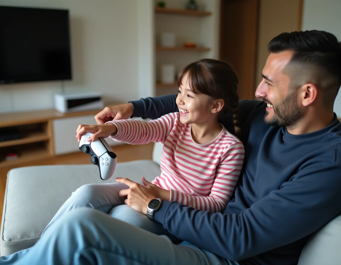 Père et fille jouant ensemble à la PS5 sur un canapé, initiation aux jeux vidéo en famille