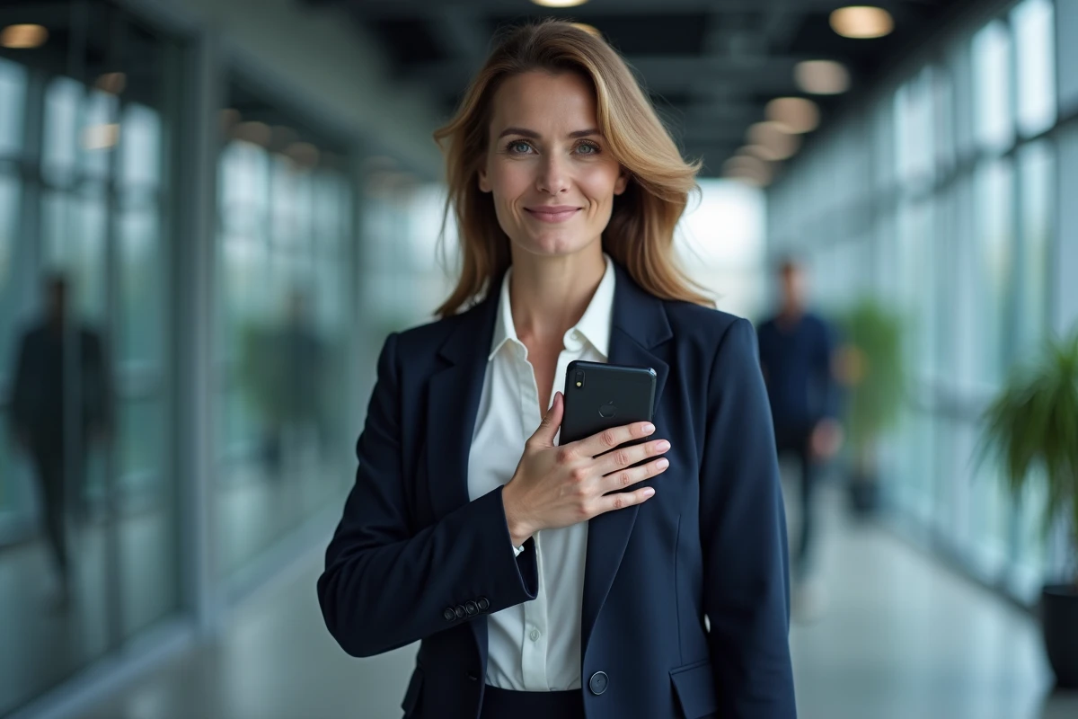 Femme de médias tenant un smartphone retourné dans un couloir de studio, évoquant la protection de la vie privée de ses enfants dans l'espace public et médiatique