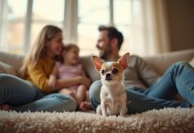Chihuahua assis sur un canapé familial lumineux