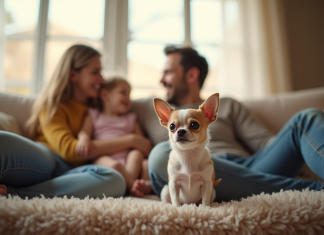 Chihuahua assis sur un canapé familial lumineux