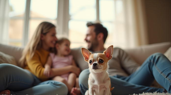 Chihuahua assis sur un canapé familial lumineux