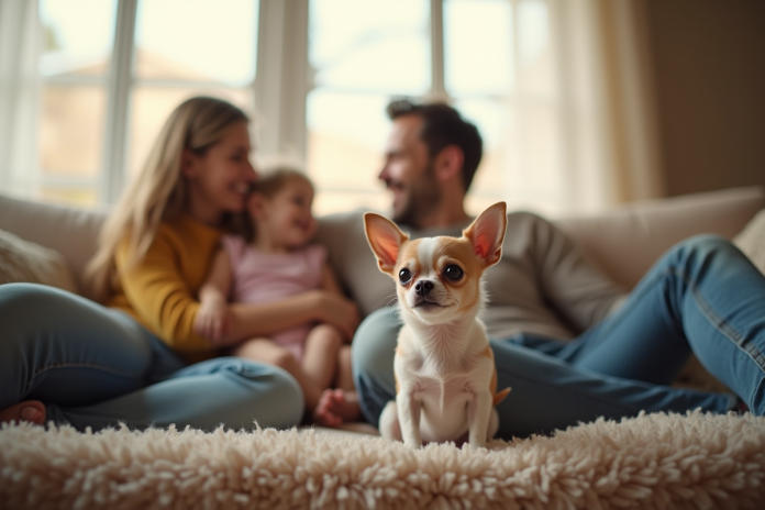 petit-chihuahua-salon-famille Chihuahua assis sur un canapé familial lumineux