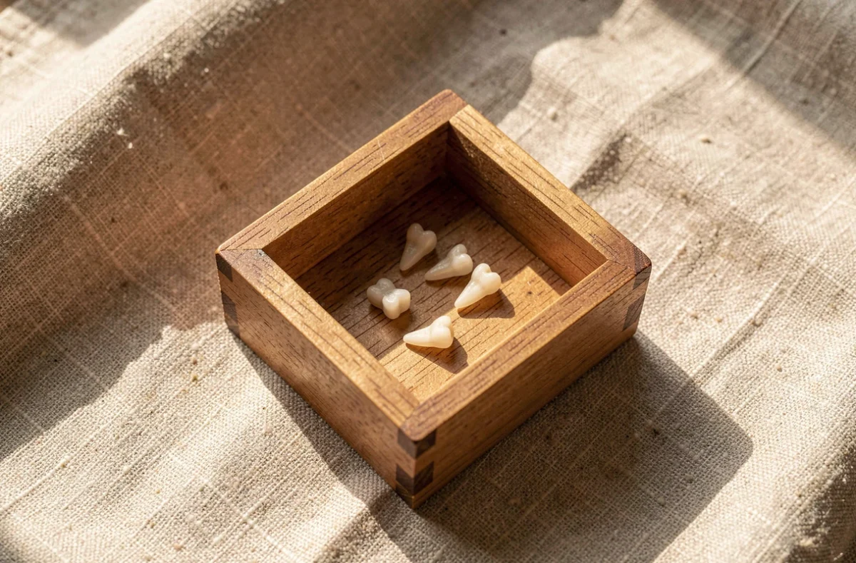 Petite boîte en bois contenant des dents de lait sur du lin