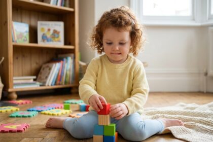 Petite fille de 3 ans concentrée en train d'empiler des cubes en bois colorés sur un parquet, préparation à l'entrée en maternelle par le jeu de construction